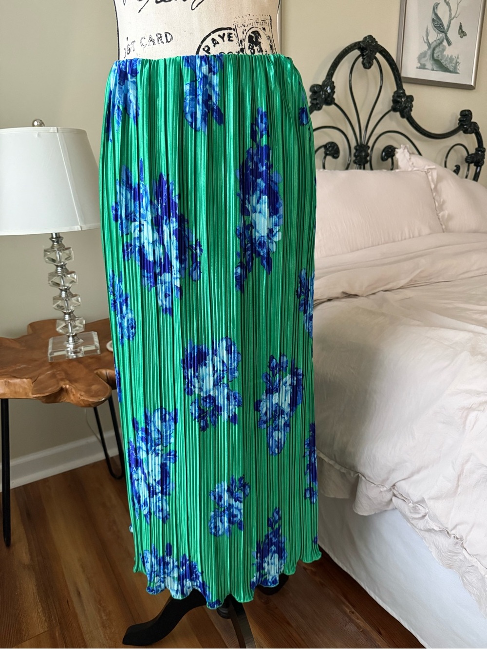 Green Floral Pleated Maxi Skirt with Blue Blooms